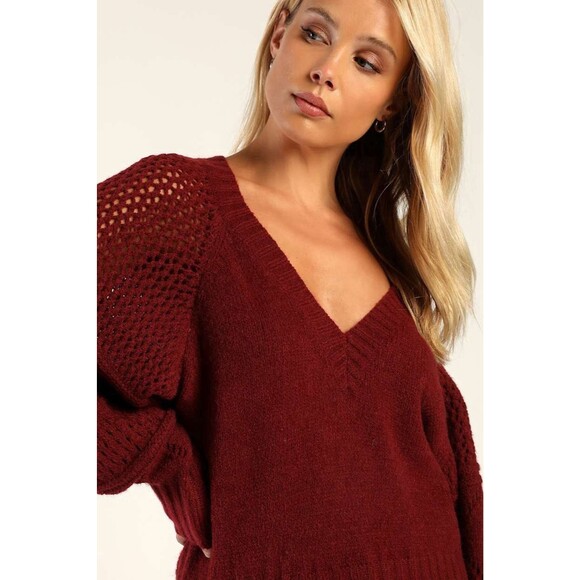 Lulus Trend Maker Sweater Women's XS Burgundy Pointelle Knit V Neck Med Weight - Picture 12 of 13